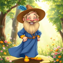 A cheerful and whimsical portrayal of Tom Bombadil, a short, bearded man with a bright smile