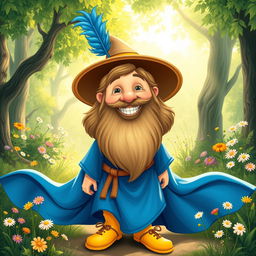 A cheerful and whimsical portrayal of Tom Bombadil, a short, bearded man with a bright smile