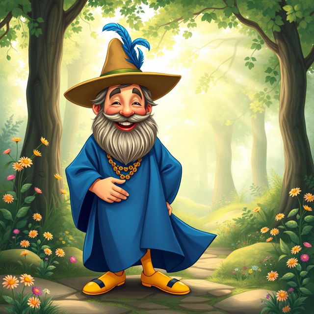 A cheerful and whimsical portrayal of Tom Bombadil, a short, bearded man with a bright smile