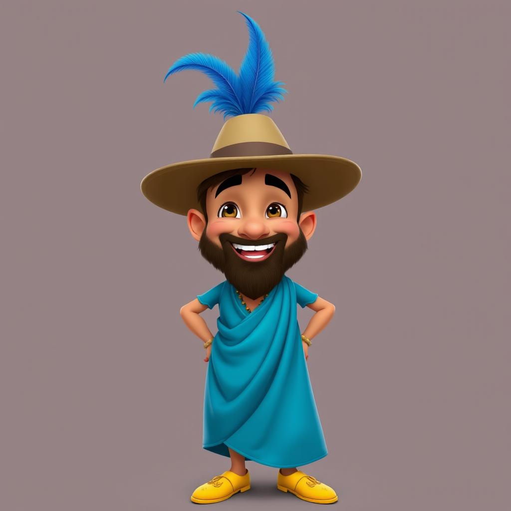 A joyful, short man with a beard, dressed in a vibrant blue caftan that flows elegantly