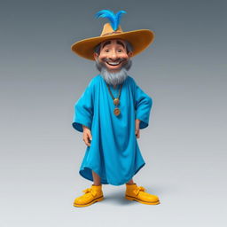 A joyful, short man with a beard, dressed in a vibrant blue caftan that flows elegantly