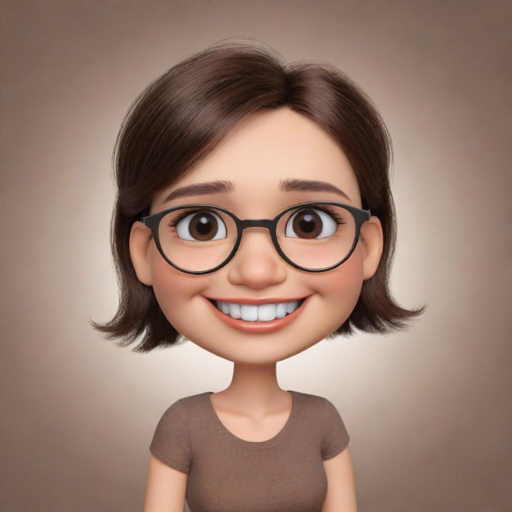 Produce an image of a cute, round-faced cartoon woman wearing metal framed eyeglasses. She has dark brown eyes, shoulder-length brown hair, and is winking while smiling shyly.