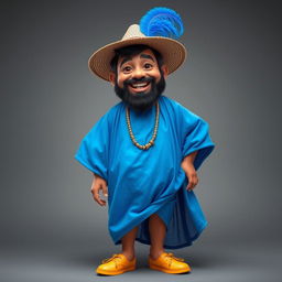 A joyful, short man with a beard, dressed in a vibrant blue caftan that flows elegantly