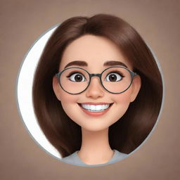 Produce an image of a cute, round-faced cartoon woman wearing metal framed eyeglasses. She has dark brown eyes, shoulder-length brown hair, and is winking while smiling shyly.