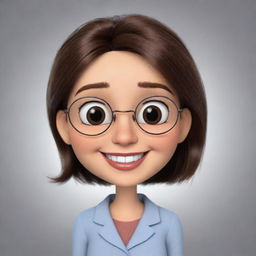 Produce an image of a cute, round-faced cartoon woman wearing metal framed eyeglasses. She has dark brown eyes, shoulder-length brown hair, and is winking while smiling shyly.