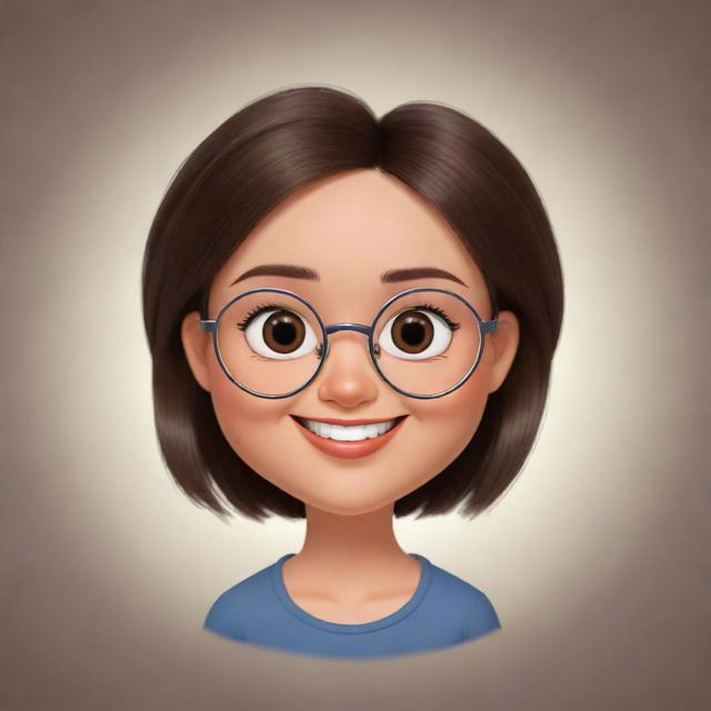 Produce an image of a cute, round-faced cartoon woman wearing metal framed eyeglasses. She has dark brown eyes, shoulder-length brown hair, and is winking while smiling shyly.