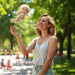 Brie Larson, a strong and confident actress, playfully tossing a plush baby doll into the air with a joyful expression, set in a bright and colorful park on a sunny day