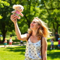 Brie Larson, a strong and confident actress, playfully tossing a plush baby doll into the air with a joyful expression, set in a bright and colorful park on a sunny day