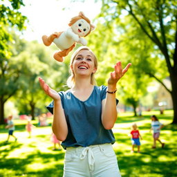 Brie Larson, a strong and confident actress, playfully tossing a plush baby doll into the air with a joyful expression, set in a bright and colorful park on a sunny day