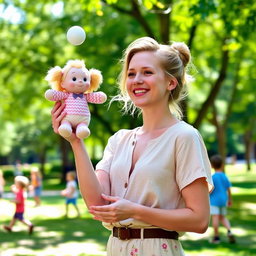 Brie Larson, a strong and confident actress, playfully tossing a plush baby doll into the air with a joyful expression, set in a bright and colorful park on a sunny day