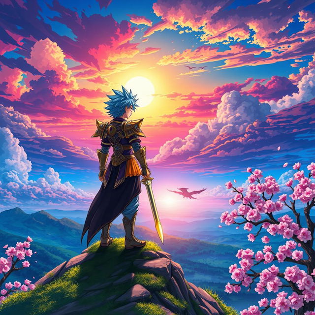 A vibrant and dynamic anime scene featuring a powerful, heroic character standing atop a mountain peak, gazing at a breathtaking sunset