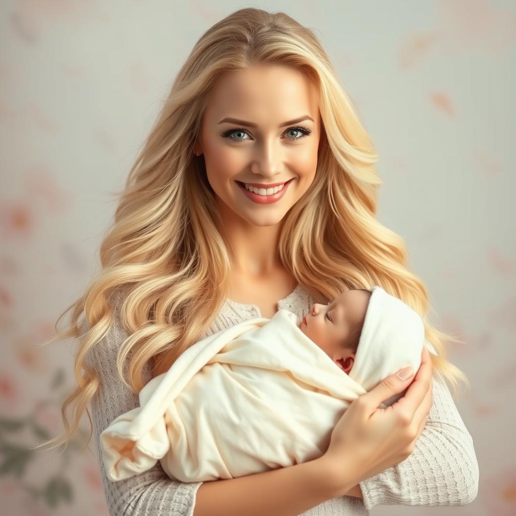 A portrait of a radiant woman with long flowing blonde hair, resembling a pop star, gently cradling a small bundle wrapped in soft, cozy fabric