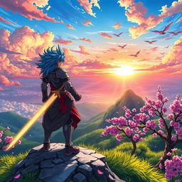 A vibrant and dynamic anime scene featuring a powerful, heroic character standing atop a mountain peak, gazing at a breathtaking sunset