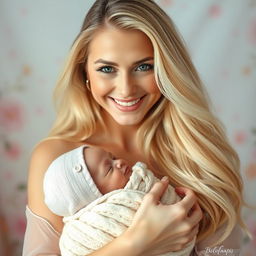 A portrait of a radiant woman with long flowing blonde hair, resembling a pop star, gently cradling a small bundle wrapped in soft, cozy fabric