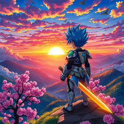 A vibrant and dynamic anime scene featuring a powerful, heroic character standing atop a mountain peak, gazing at a breathtaking sunset