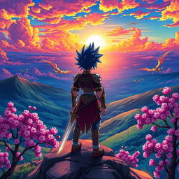 A vibrant and dynamic anime scene featuring a powerful, heroic character standing atop a mountain peak, gazing at a breathtaking sunset