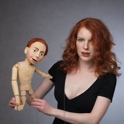 A fiery red-haired woman holding strings like a puppet master, controlling a man like a puppet