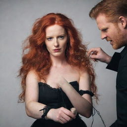 A fiery red-haired woman holding strings like a puppet master, controlling a man like a puppet