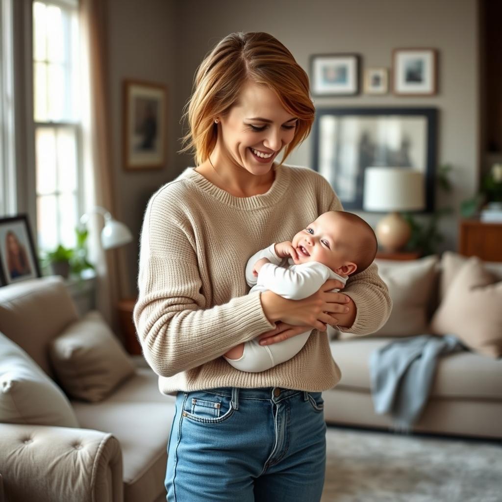 Brie Larson, with her signature short brown hair and bright smile, gently cradling a cute baby in her arms