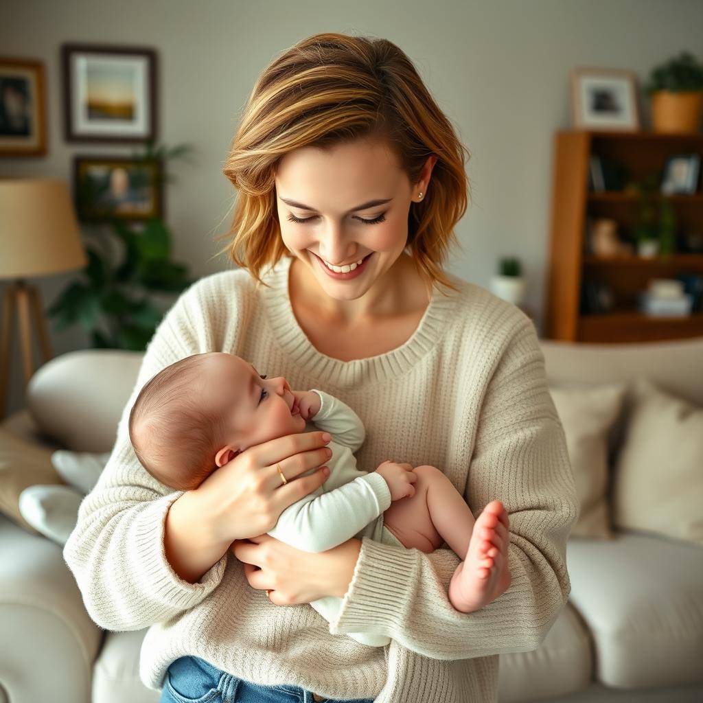 Brie Larson, with her signature short brown hair and bright smile, gently cradling a cute baby in her arms