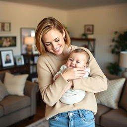 Brie Larson, with her signature short brown hair and bright smile, gently cradling a cute baby in her arms