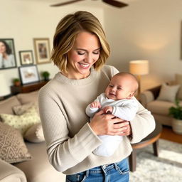 Brie Larson, with her signature short brown hair and bright smile, gently cradling a cute baby in her arms