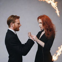 A fiery red-haired woman holding strings like a puppet master, controlling a man like a puppet