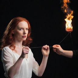 A fiery red-haired woman holding strings like a puppet master, controlling a man like a puppet