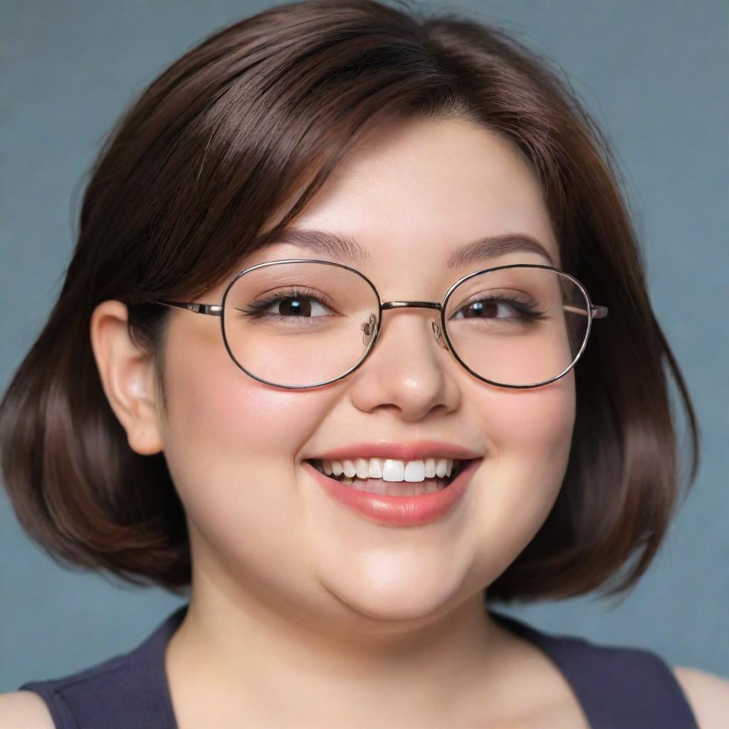 Design an anime-style image of a cute, slightly chubby woman with metal framed glasses and dark brown eyes. She has shoulder-length brown hair and is bashfully winking and smiling.