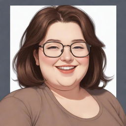 Design an anime-style image of a cute, slightly chubby woman with metal framed glasses and dark brown eyes. She has shoulder-length brown hair and is bashfully winking and smiling.