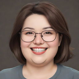 Design an anime-style image of a cute, slightly chubby woman with metal framed glasses and dark brown eyes. She has shoulder-length brown hair and is bashfully winking and smiling.