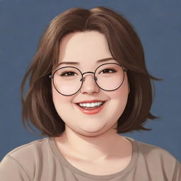 Design an anime-style image of a cute, slightly chubby woman with metal framed glasses and dark brown eyes. She has shoulder-length brown hair and is bashfully winking and smiling.