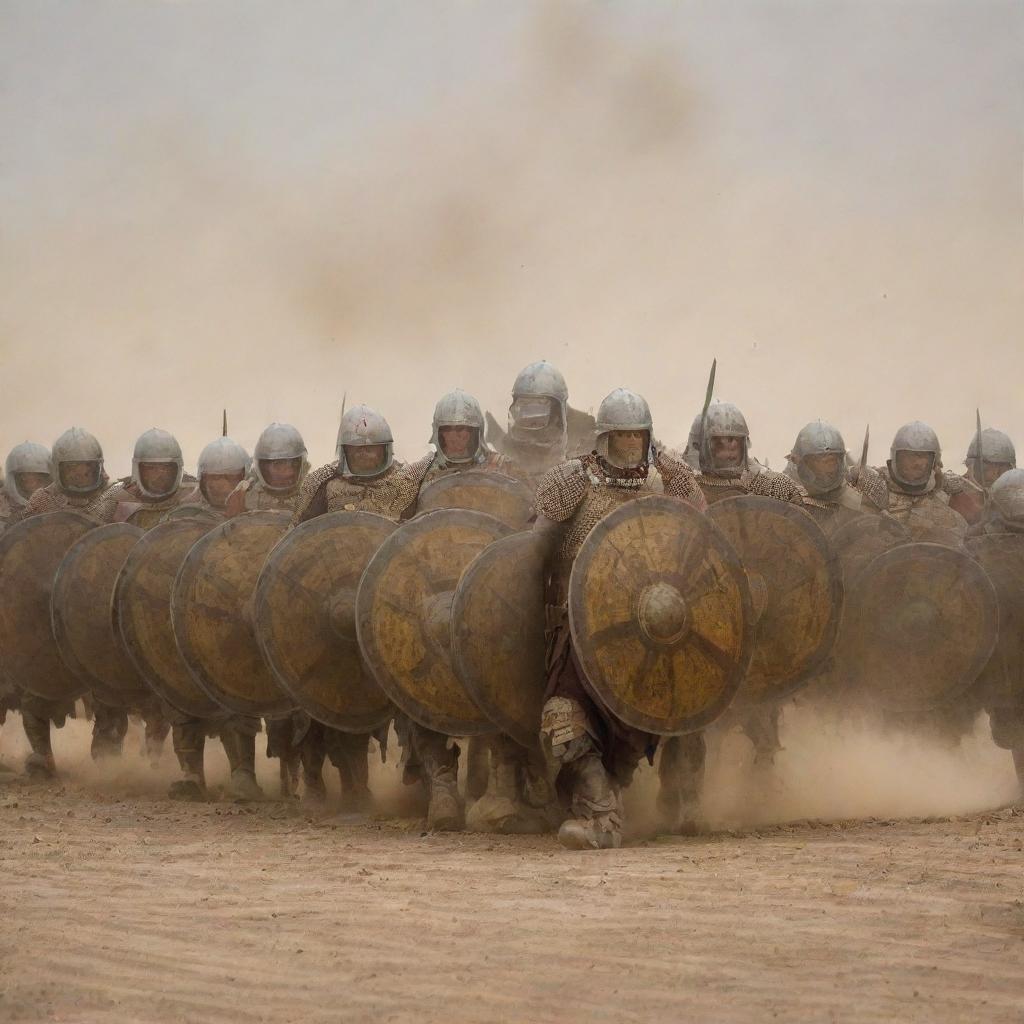 An intimidation Roman testudo formation with heavily armored soldiers, their shields forming an impenetrable shell-like defense, in an ancient, dusty battlefield.