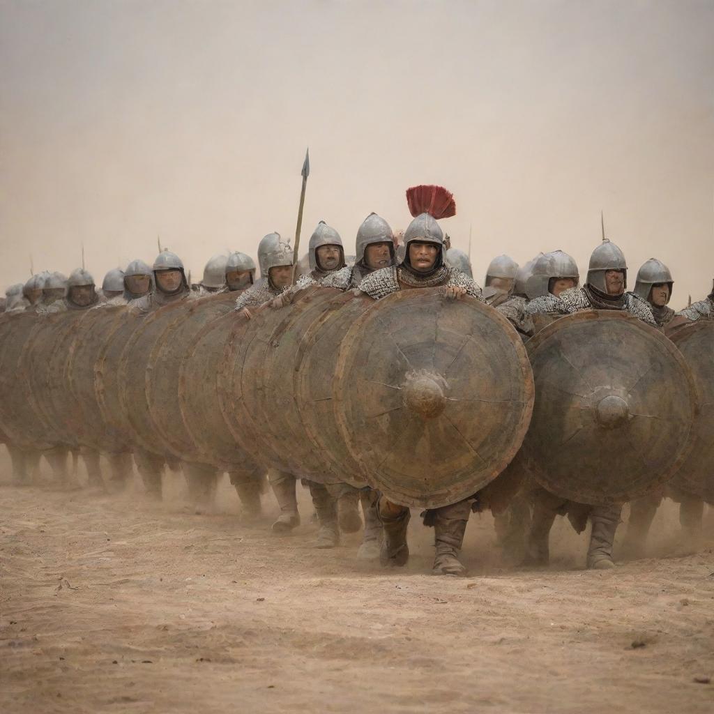 An intimidation Roman testudo formation with heavily armored soldiers, their shields forming an impenetrable shell-like defense, in an ancient, dusty battlefield.