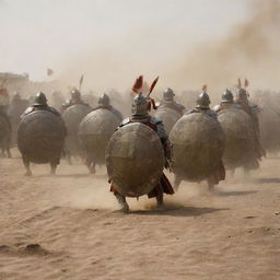 An intimidation Roman testudo formation with heavily armored soldiers, their shields forming an impenetrable shell-like defense, in an ancient, dusty battlefield.