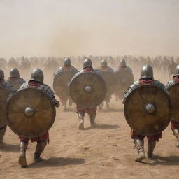 An intimidation Roman testudo formation with heavily armored soldiers, their shields forming an impenetrable shell-like defense, in an ancient, dusty battlefield.