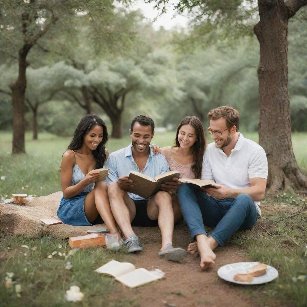 An image depicting the highest pleasures of life for men and women, such as reading a good book, enjoying nature, discovering new cultures, laughing with friends, and savoring culinary delights