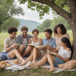 An image depicting the highest pleasures of life for men and women, such as reading a good book, enjoying nature, discovering new cultures, laughing with friends, and savoring culinary delights