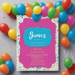 A festive and colorful birthday invitation card with the name 'James' prominently displayed. The design should incorporate elements of celebration like balloons, cake and confetti. Use vibrant colors to invoke an atmosphere of fun and joy.