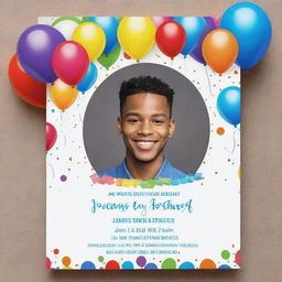 A festive and colorful birthday invitation card with the name 'James' prominently displayed. The design should incorporate elements of celebration like balloons, cake and confetti. Use vibrant colors to invoke an atmosphere of fun and joy.