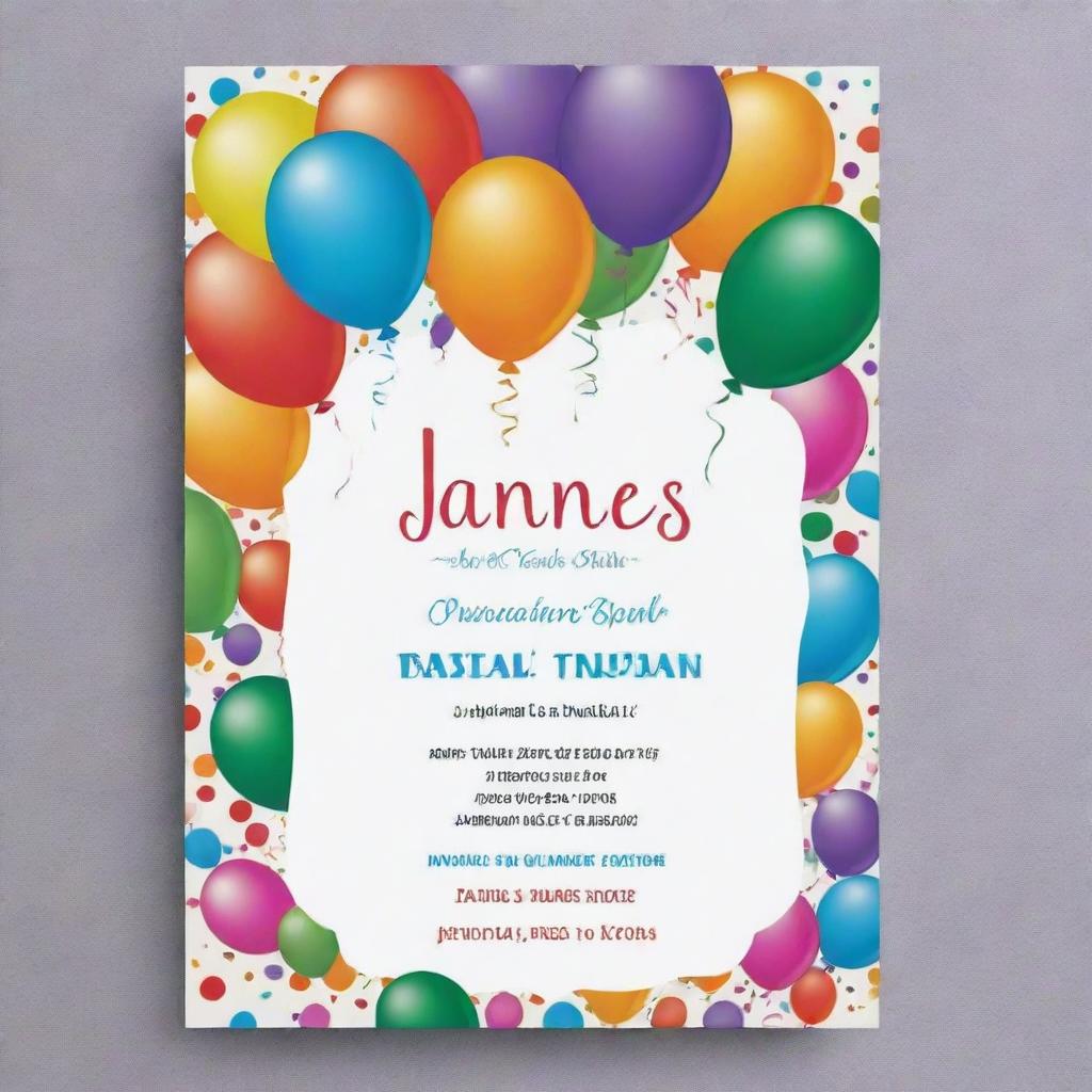 A festive and colorful birthday invitation card with the name 'James' prominently displayed. The design should incorporate elements of celebration like balloons, cake and confetti. Use vibrant colors to invoke an atmosphere of fun and joy.