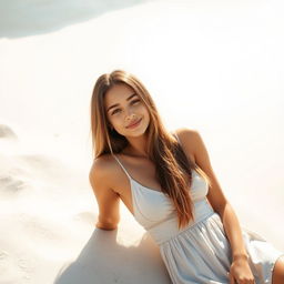 A beautiful girl lounging on a sunlit beach, wearing a stylish summer dress