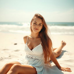 A beautiful girl lounging on a sunlit beach, wearing a stylish summer dress