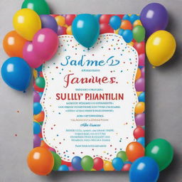 A festive and colorful birthday invitation card with the name 'James' prominently displayed. The design should incorporate elements of celebration like balloons, cake and confetti. Use vibrant colors to invoke an atmosphere of fun and joy.