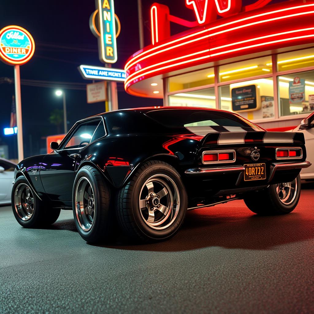 A 1968 Chevrolet Camaro with a bold widebody design featuring oversized wide tires that enhance its muscular appearance