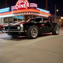 A 1968 Chevrolet Camaro with a bold widebody design featuring oversized wide tires that enhance its muscular appearance