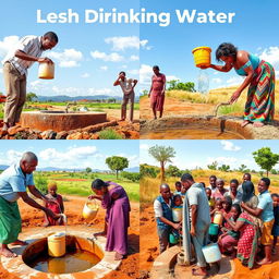 Images depicting people collecting clean drinking water from various sources, such as wells or water distribution systems