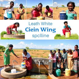 Images depicting people collecting clean drinking water from various sources, such as wells or water distribution systems