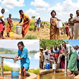 Images depicting people collecting clean drinking water from various sources, such as wells or water distribution systems