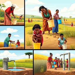 Images depicting people collecting clean drinking water from various sources, such as wells or water distribution systems